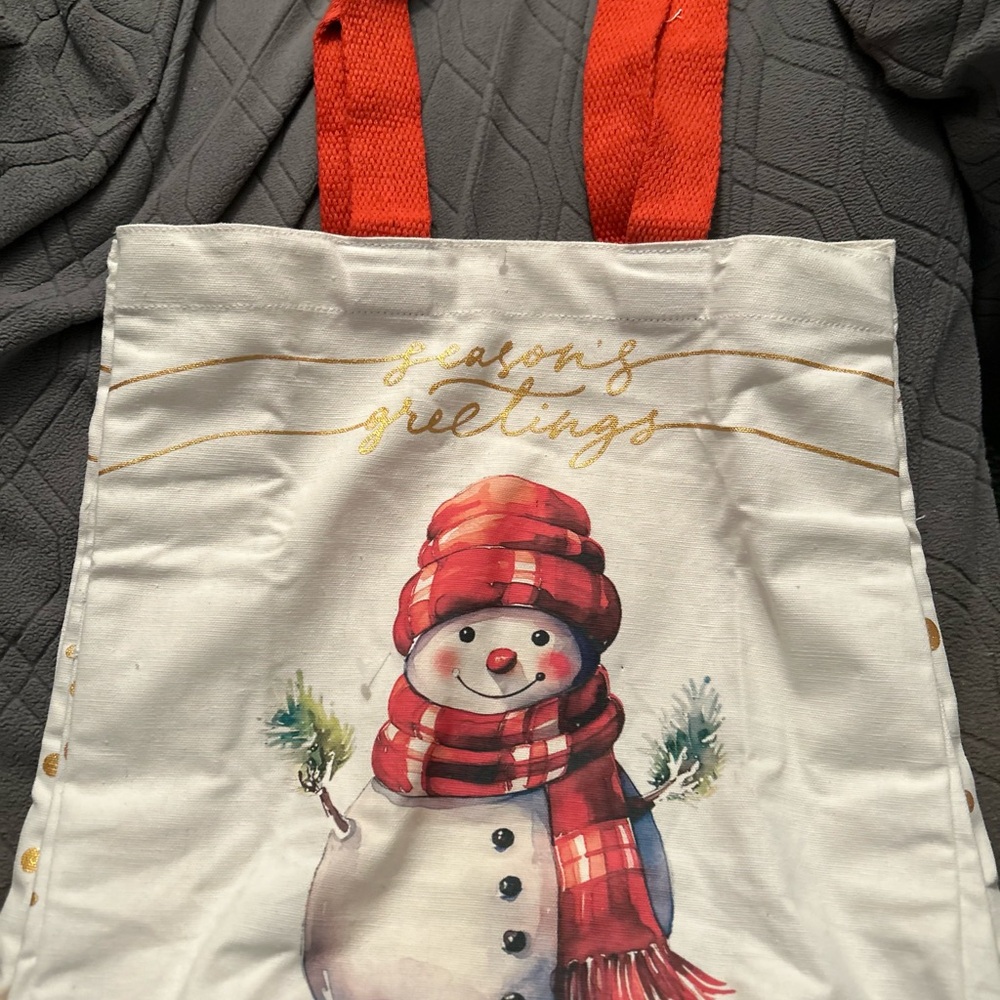 Private Label White Tote with Red Straps and Snowman Holiday Print